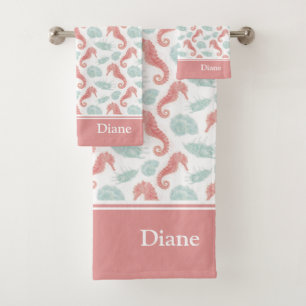 Watercolor Ocean Seashell Pattern with Name Pink Bath Towel Set