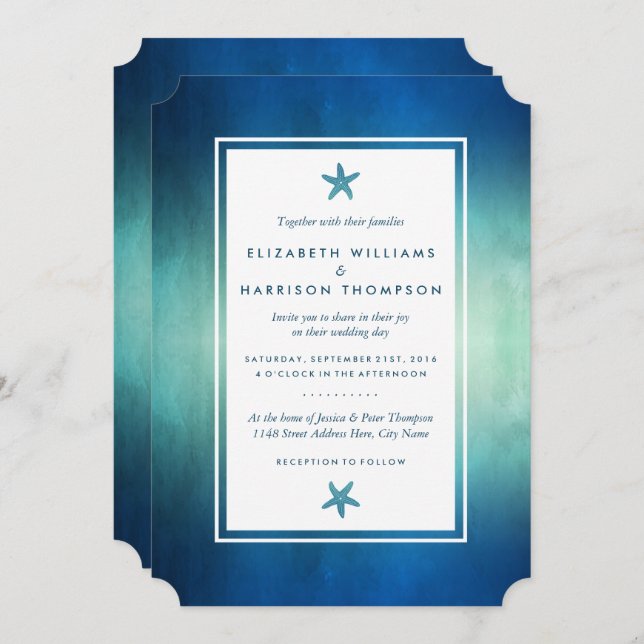 Watercolor Ocean Starfish Beach Wedding Invitation (Front/Back)