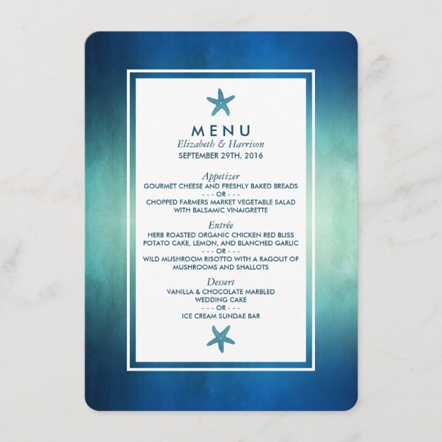 Watercolor Ocean Starfish Beach Wedding Menu (Front)