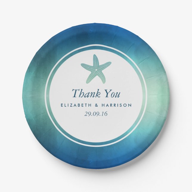 Watercolor Ocean Starfish Beach Wedding Paper Plate (Front)