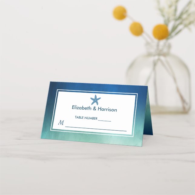 Watercolor Ocean Starfish Beach Wedding Place Card (Front)
