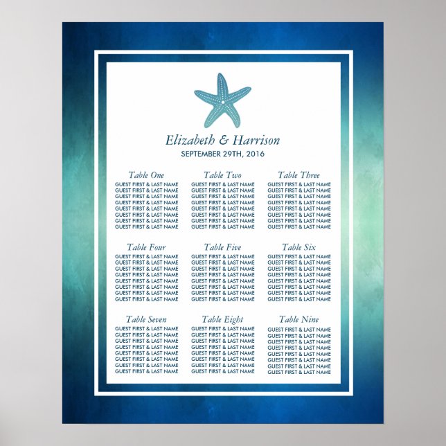 Watercolor Ocean Starfish Beach Wedding Seating Poster (Front)