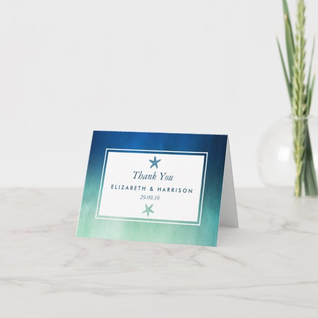 Watercolor Ocean Starfish Beach Wedding Thank You Card (Front)