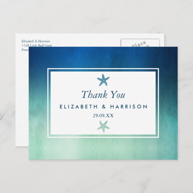 Watercolor Ocean Starfish Beach Wedding Thank You Postcard (Front/Back)