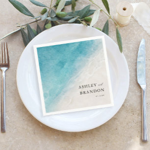 Watercolor Ocean Summer Blue Beach Wedding Napkin