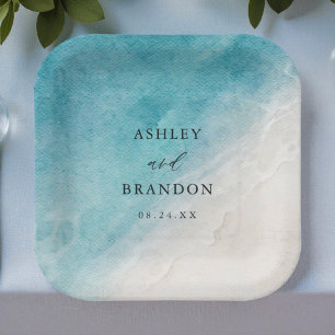 Watercolor Ocean Summer Blue Beach Wedding Paper Plate
