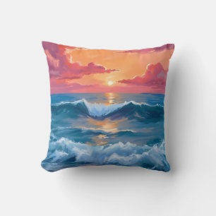 Watercolor Ocean Sunset Painting Beach Waves Cushion