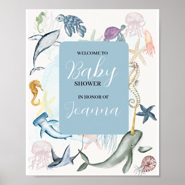watercolor ocean theme baby shower welcome poster (Front)