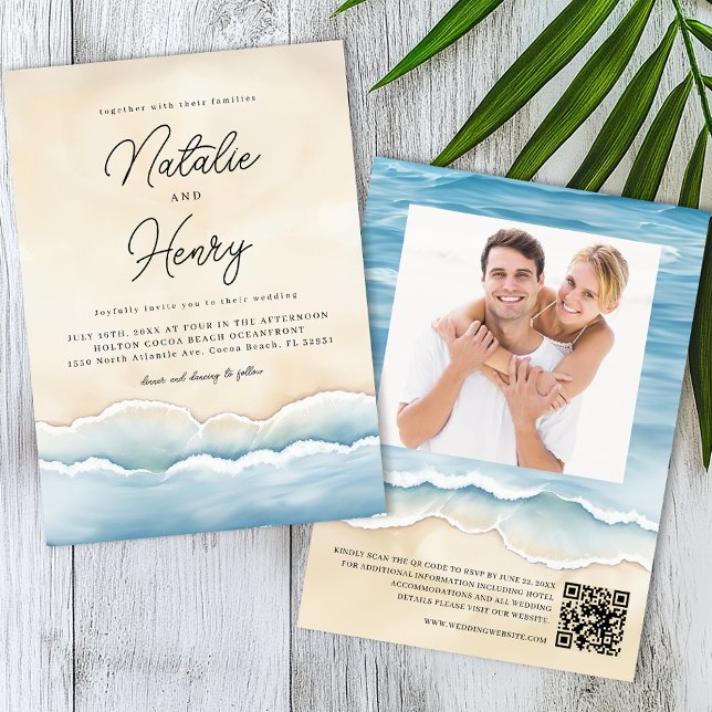 Watercolor Ocean Wave Beach Wedding Photo Invitation (Beach Wedding Invite)