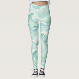Watercolor Ocean Wave Pattern Leggings