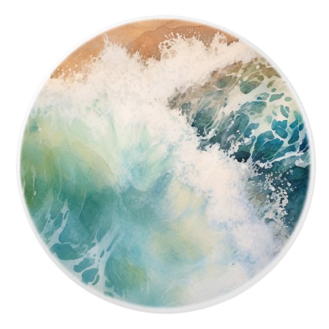 Watercolor Ocean Waves Beach Ceramic Knob (Front)
