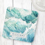 Watercolor ocean waves custom name coaster<br><div class="desc">Beverage coasters featuring your custom name on a watercolor waves background.</div>