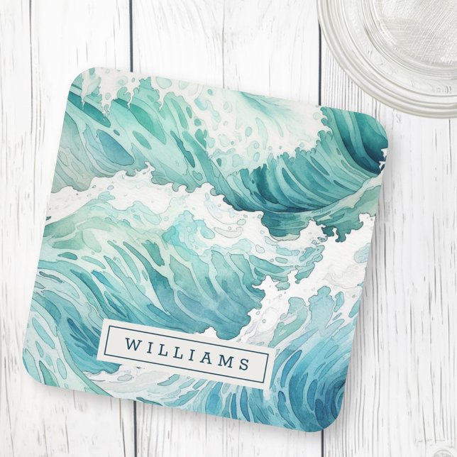 Watercolor ocean waves custom name coaster (Watercolor ocean waves custom name beverage coaster)