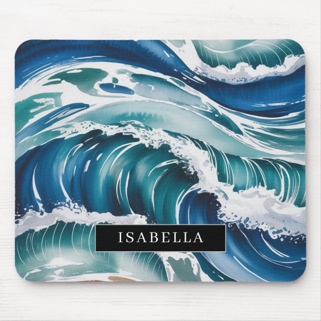 Watercolor Ocean Waves & Seafoam Mouse Pad (Front)