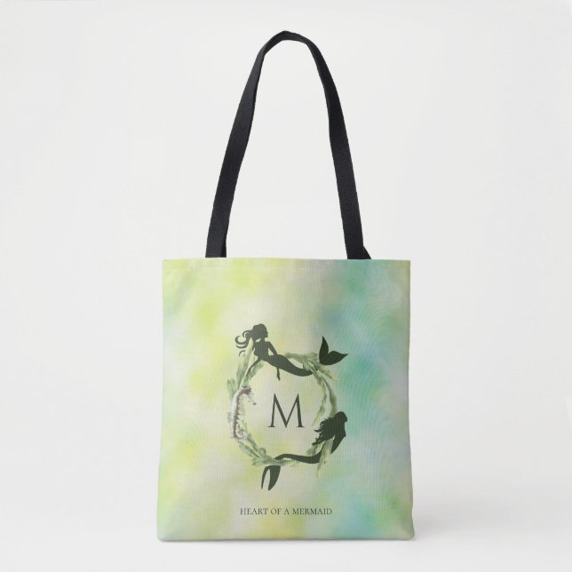 Watercolor Ocean Wreath Mermaids Monogram Tote Bag (Front)