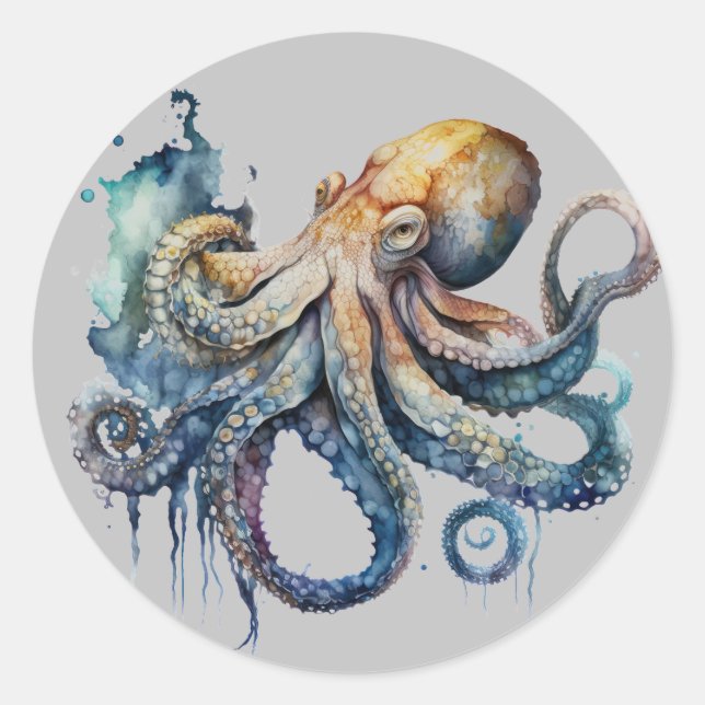  Watercolor Octopus  Classic Round Sticker (Front)