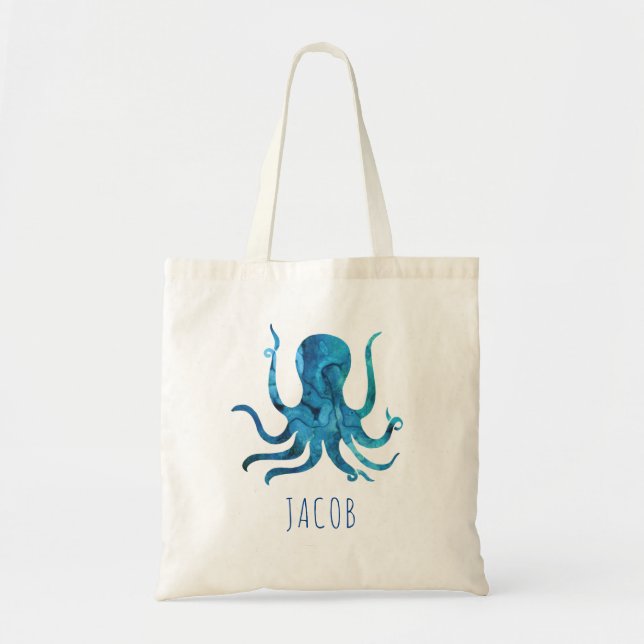 Watercolor Octopus Marine Kids Personalised Tote Bag (Front)