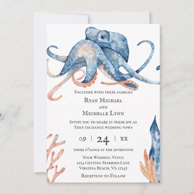Watercolor Octopus Sea Life on White Beach Wedding Invitation (Front)