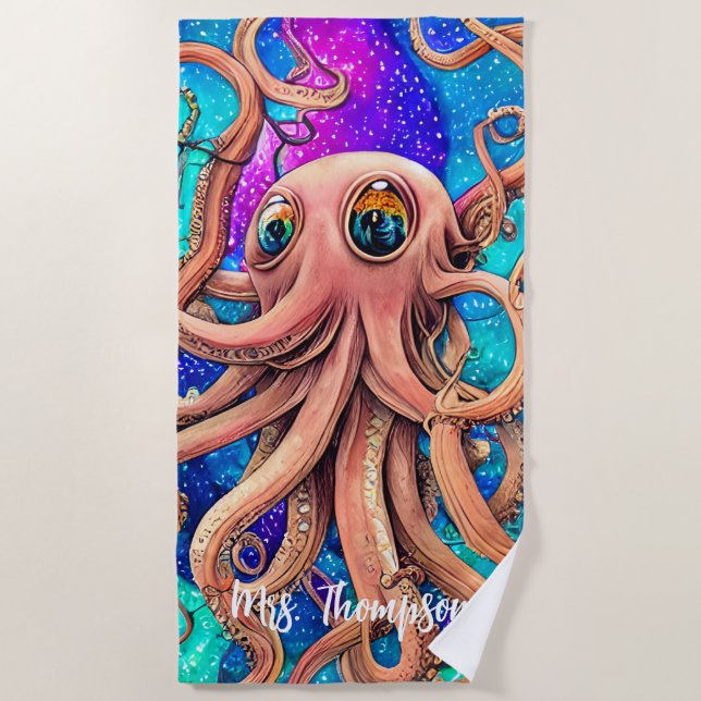 Watercolor Octopus with Personalised Name Beach Towel (Front)