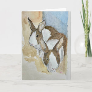 Watercolor of 2 Dutch bunnies on greeting card