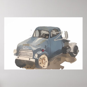Watercolor of a blue grey flatbed truck poster