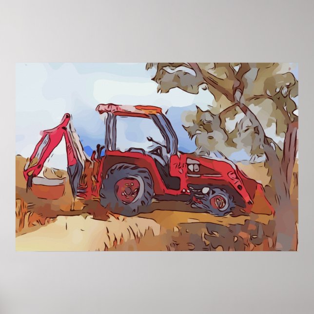 Watercolor of a orange tractor backhoe poster (Front)