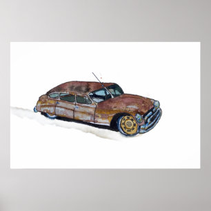 Watercolor of a rusty old antique sedan poster