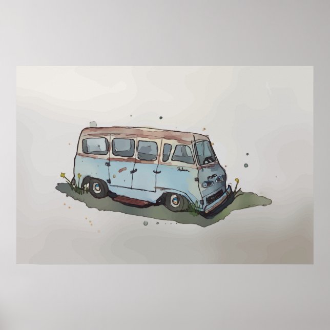 Watercolor of a rusty old antique van poster (Front)
