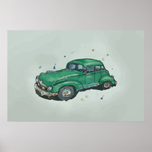 Watercolor of a rusty old green antique sedan poster