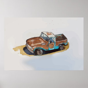 Watercolor of a rusty old pick up truck poster
