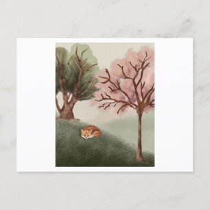 Watercolor of a sleeping fox and a beautiful view postcard