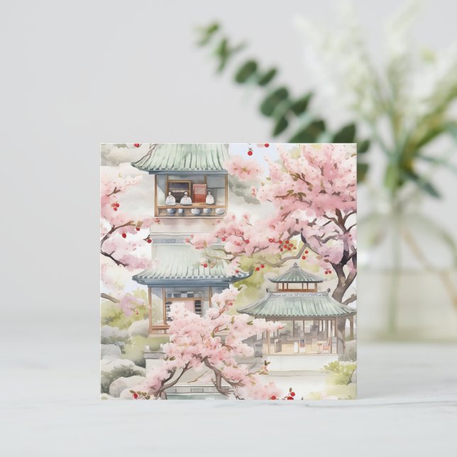 Watercolor of Asian Pagoda Amidst Cherry Blossoms (Standing Front)