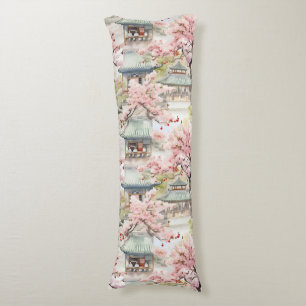 Watercolor of Asian Pagoda Amidst Cherry Blossoms Body Cushion