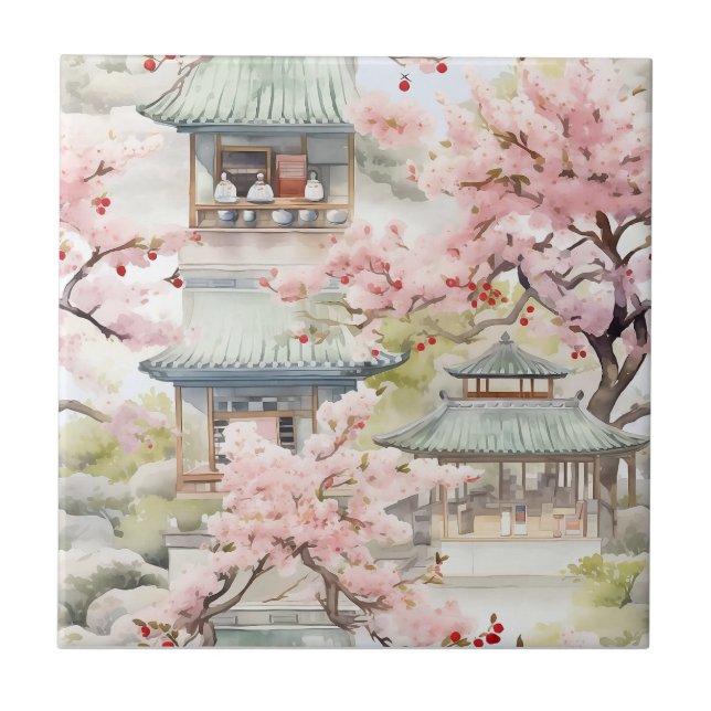 Watercolor of Asian Pagoda Amidst Cherry Blossoms Ceramic Tile (Front)
