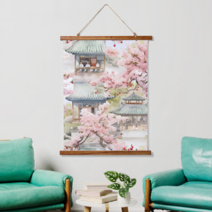 Watercolor of Asian Pagoda Amidst Cherry Blossoms Hanging Tapestry