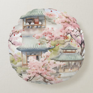 Watercolor of Asian Pagoda Amidst Cherry Blossoms Round Cushion