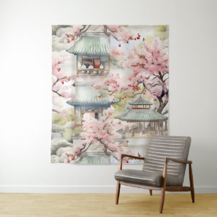 Watercolor of Asian Pagoda Amidst Cherry Blossoms Tapestry