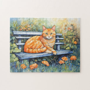 Watercolor of Cat on Bench in Flower Garden Jigsaw Puzzle