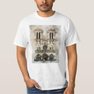 Watercolor of Historic Notre Dame Cathedral Facade T-Shirt