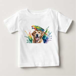 Watercolor of Macaw and a Golden retriever Baby T-Shirt