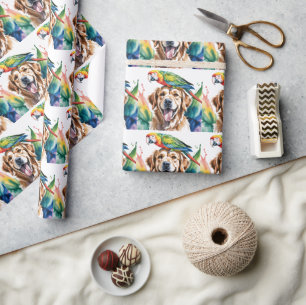 Watercolor of Macaw and a Golden retriever Wrapping Paper