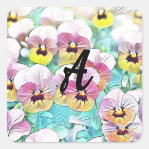 Watercolor of pink, yellow, white pansies Monogram Square Sticker