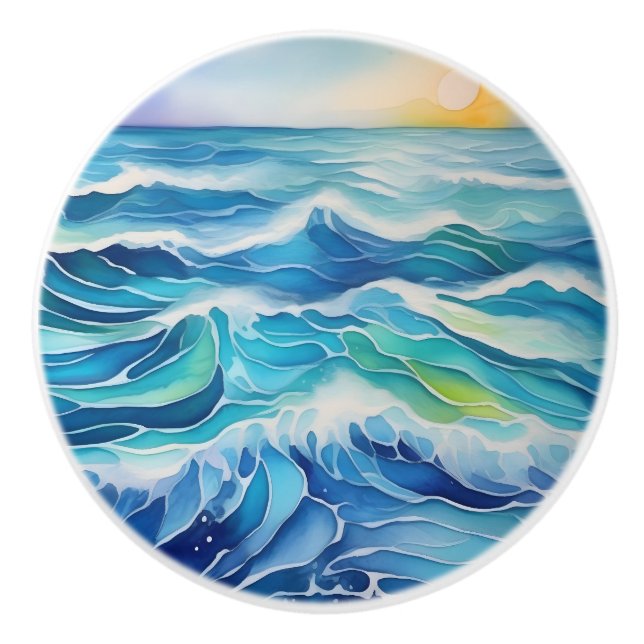 Watercolor of sea waves under the sun ceramic knob (Front)