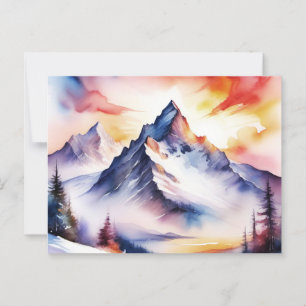 Watercolor of snow covered mountains under red sky postcard