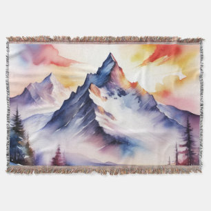 Watercolor of snow covered mountains under red sky throw blanket