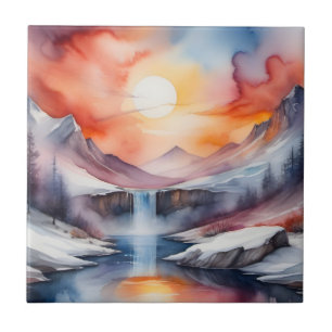 Watercolor of snow covered mountains under sunset ceramic tile