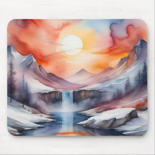 Watercolor of snow covered mountains under sunset mouse pad