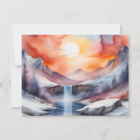Watercolor of snow covered mountains under sunset
