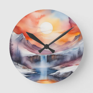 Watercolor of snow covered mountains under sunset round clock