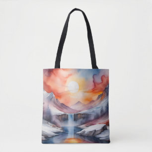 Watercolor of snow covered mountains under sunset tote bag